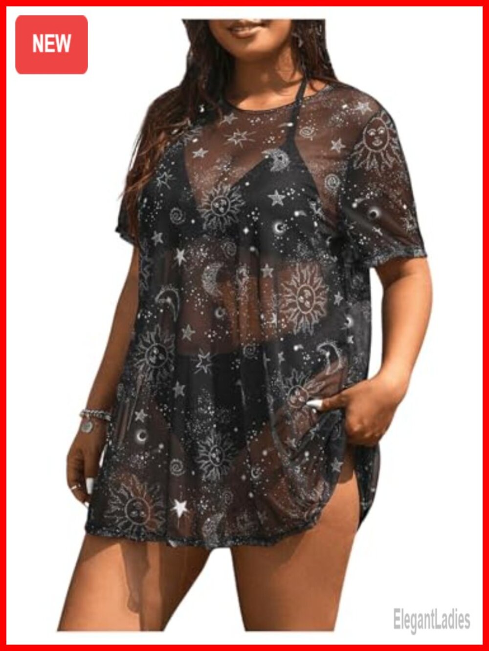 Plus Size Short Sleeve Sheer Mesh Galaxy Print Long T-Shirt Cover Up